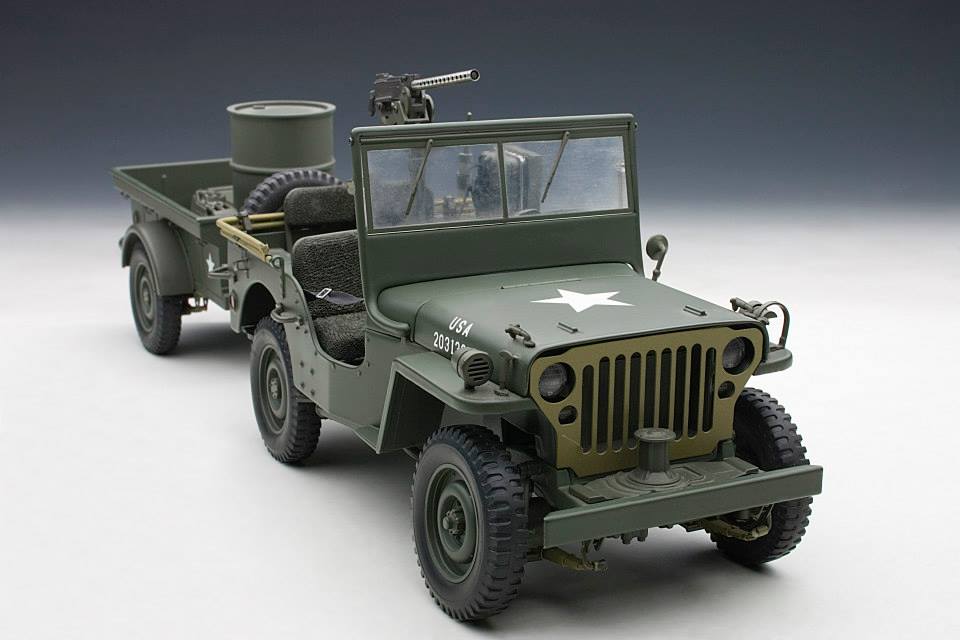 AUTOart: 1943 Jeep Willys - Army Green w/ Trailer/Accessories Included  (74016) in 1:18 scale